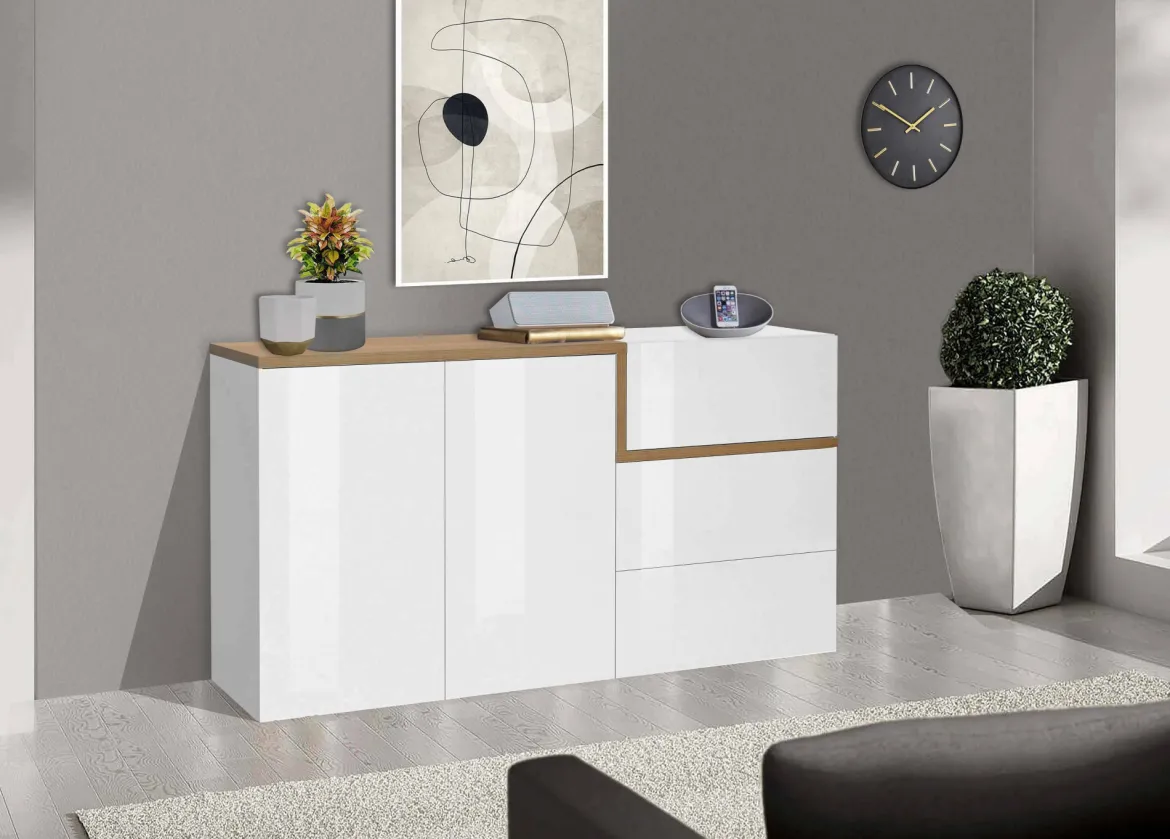 Credenza bianco lucida e acero 150x40x80h cm 4 ante - Amici