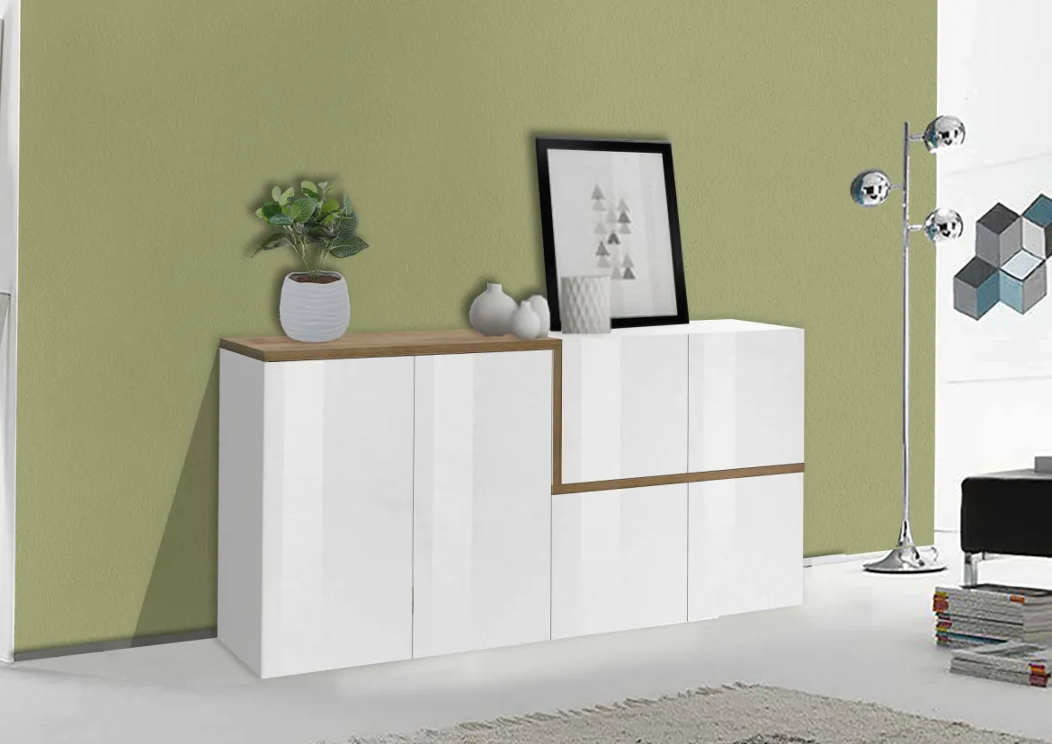 Credenza bianco lucida e acero 160x40x80h cm 6 ante - Arrak