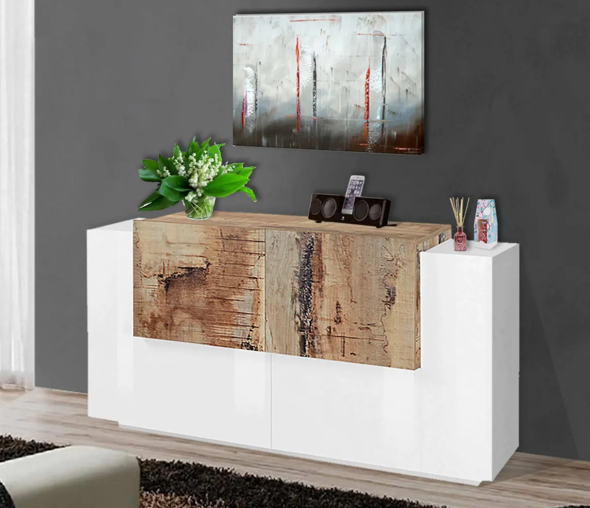 Credenza bianco lucida e acero 170x45x85h cm 4 ante e 2 cassetti - Alei