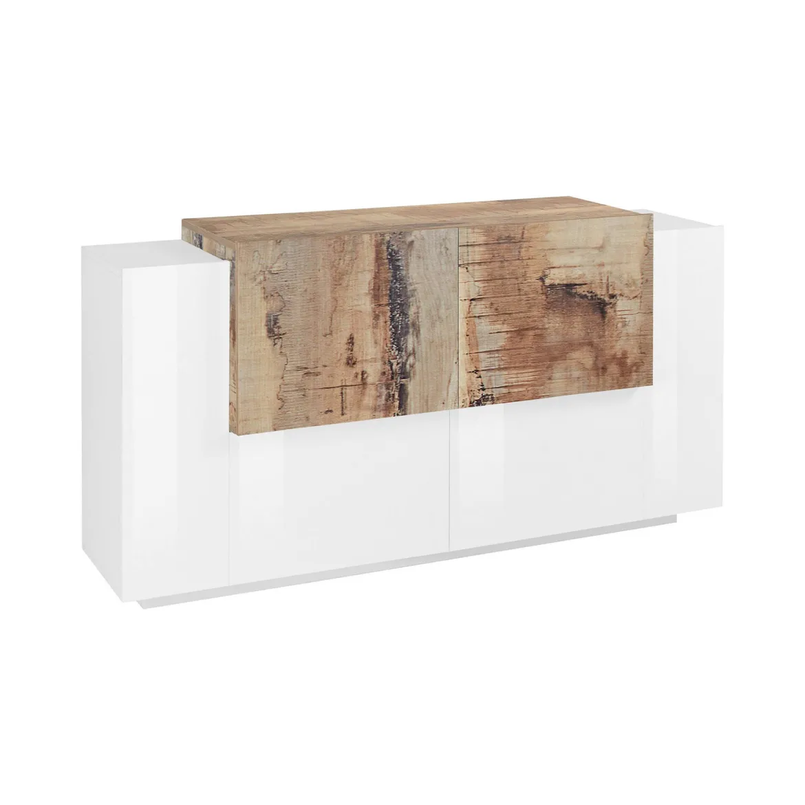 Credenza bianco lucida e acero 170x45x85h cm 4 ante e 2 cassetti - Alei