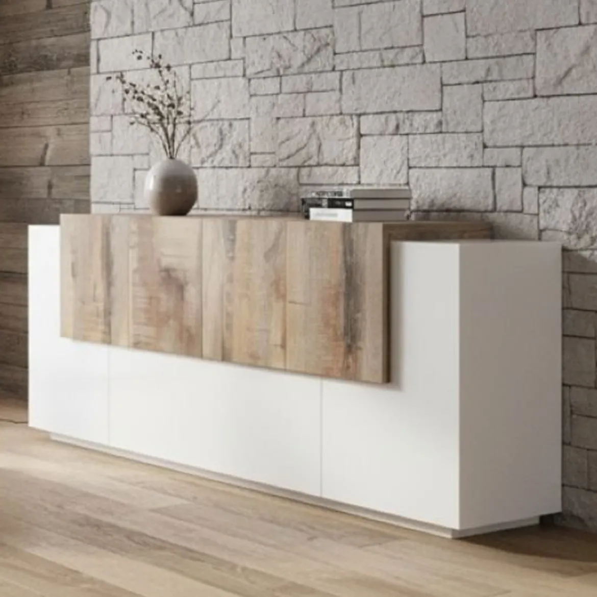 Credenza bianco lucida e acero 210x40x80h cm 4 ante - Anubi