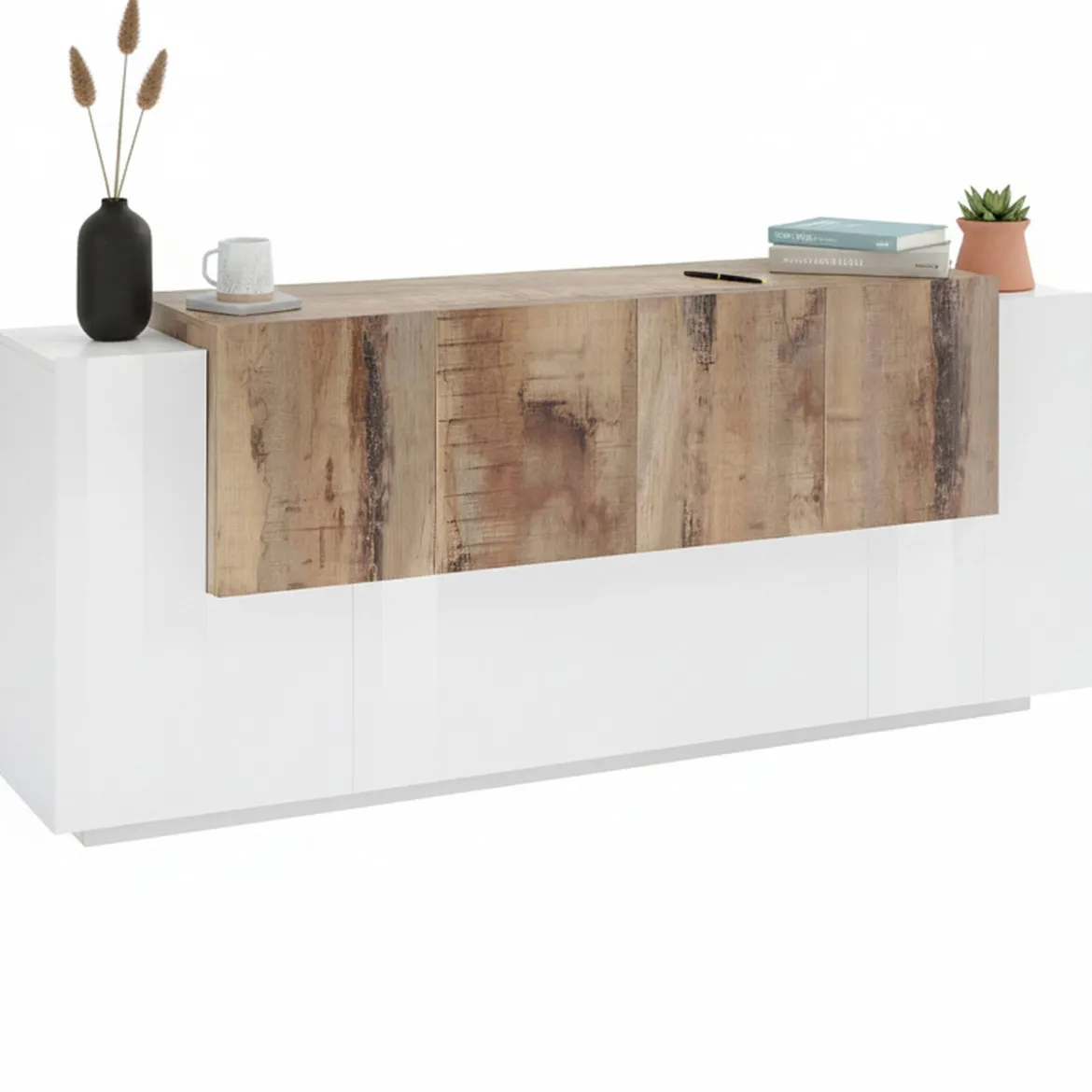 Credenza bianco lucida e acero 210x40x80h cm 4 ante - Anubi