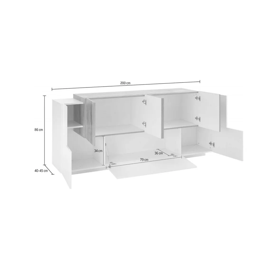 Credenza bianco lucida e acero 210x40x80h cm 4 ante - Anubi