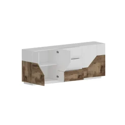 Credenza bianco lucida e acero 220x45x86h cm 5 ante e 2 cassetti - Akirum