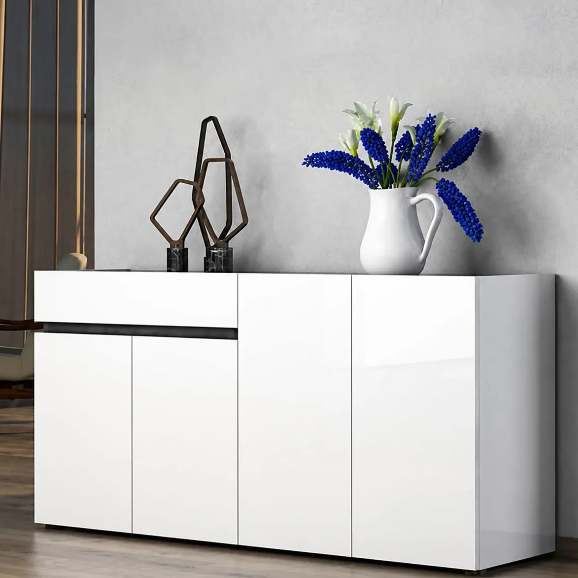 Credenza bianco lucida e antracite 180x38x92h cm 3 ante e 4 cassetti - Baveno