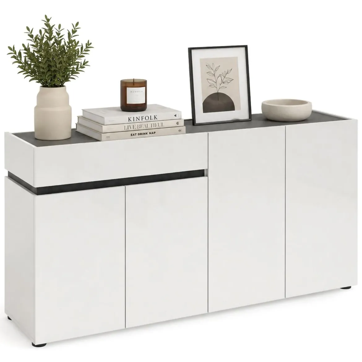 Credenza bianco lucida e antracite 180x38x92h cm 3 ante e 4 cassetti - Baveno