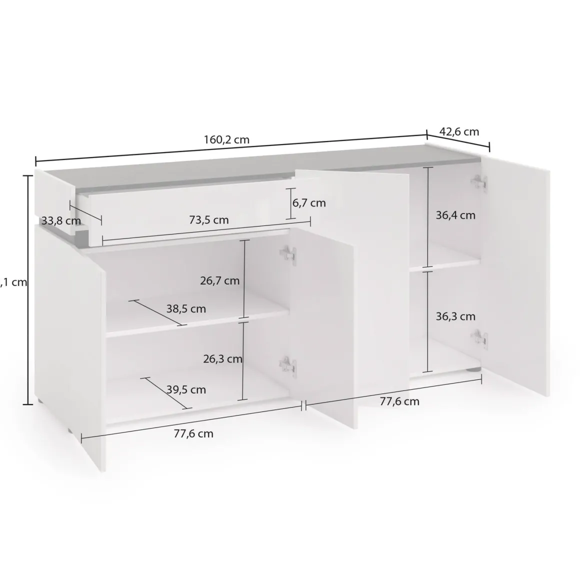 Credenza bianco lucida e antracite 180x38x92h cm 3 ante e 4 cassetti - Baveno