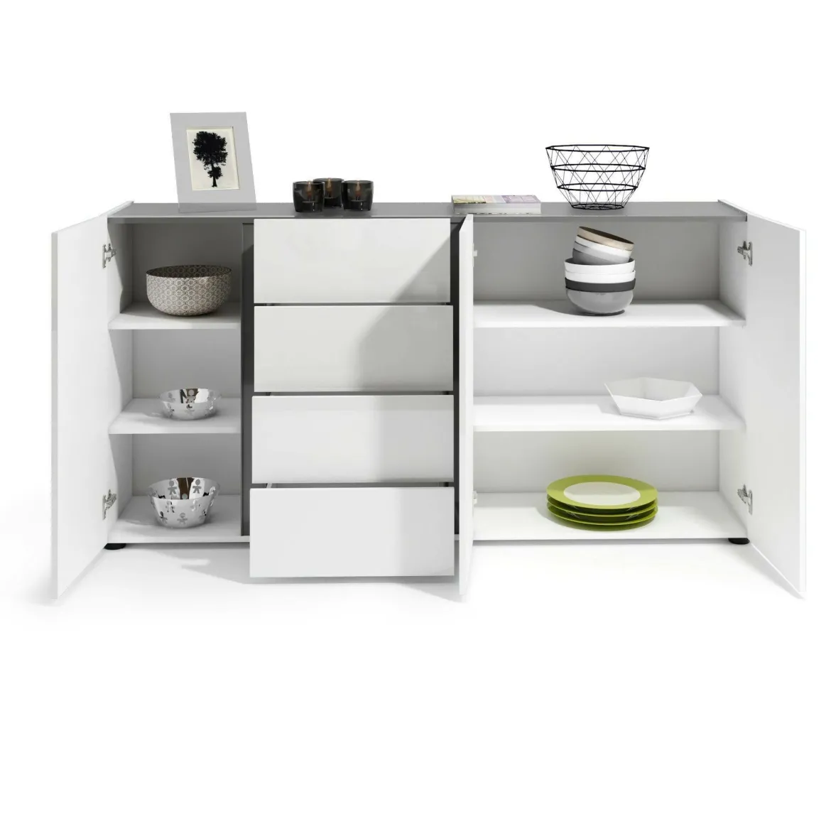 Credenza bianco lucida e antracite 180x38x92h cm 3 ante e 4 cassetti - Baveno