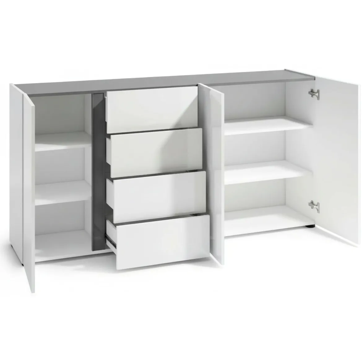Credenza bianco lucida e antracite 180x38x92h cm 3 ante e 4 cassetti - Baveno