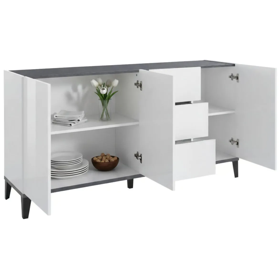 Credenza bianco lucida e ardesia 160x40x82h cm 4 ante - Ashley