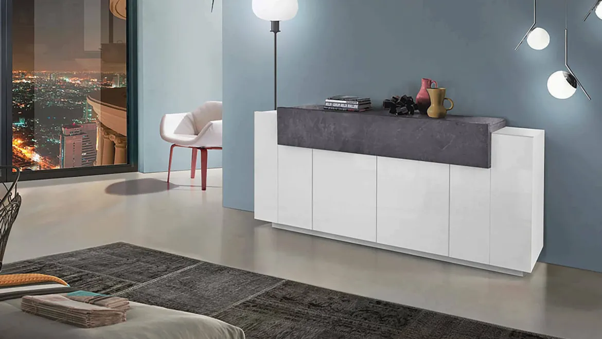 Credenza bianco lucida e ardesia 200x45x86h cm 7 ante - Astice