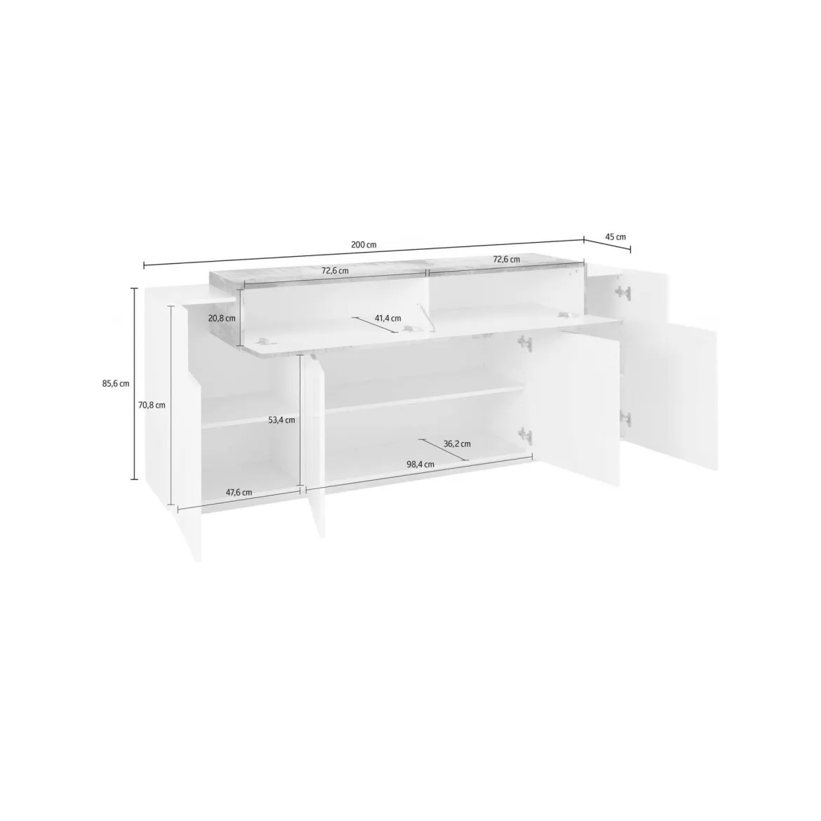 Credenza bianco lucida e ardesia 200x45x86h cm 7 ante - Astice