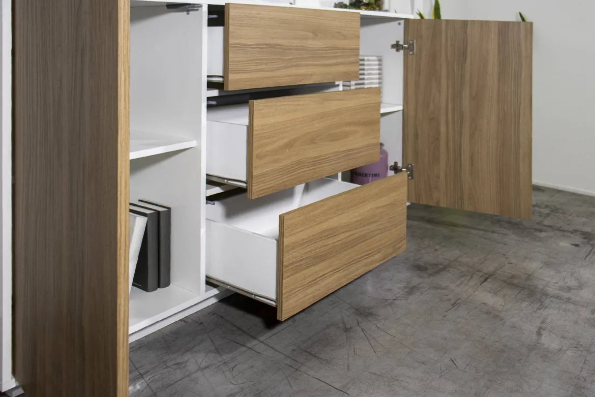 Credenza bianco lucida e noce 160x41x86h cm 2 ante e 3 cassetti - Aysha