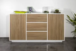 Credenza bianco lucida e noce 160x41x86h cm 2 ante e 3 cassetti - Aysha