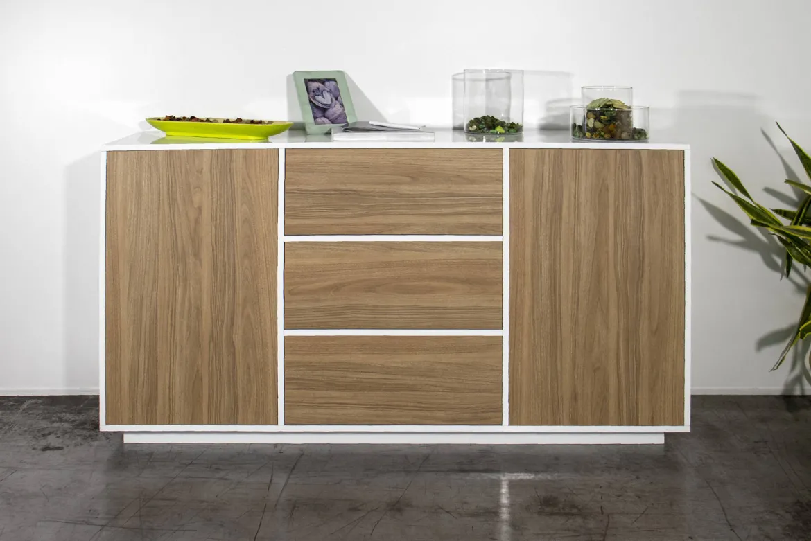 Credenza bianco lucida e noce 160x41x86h cm 2 ante e 3 cassetti - Aysha