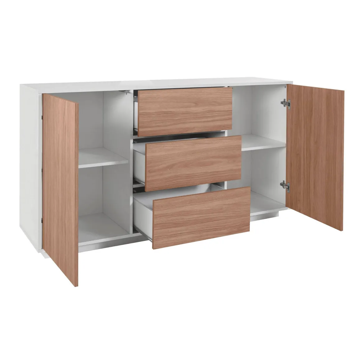 Credenza bianco lucida e noce 160x41x86h cm 2 ante e 3 cassetti - Aysha