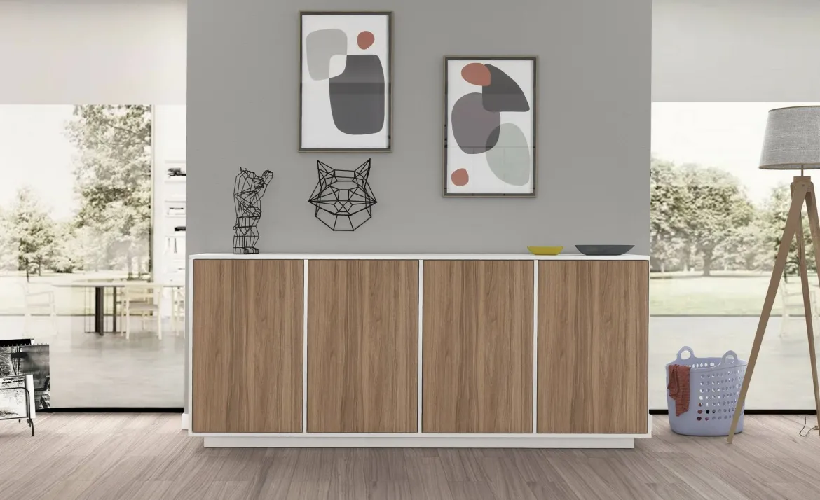 Credenza bianco lucida e noce 180x41x86h cm 4 ante - Aulina