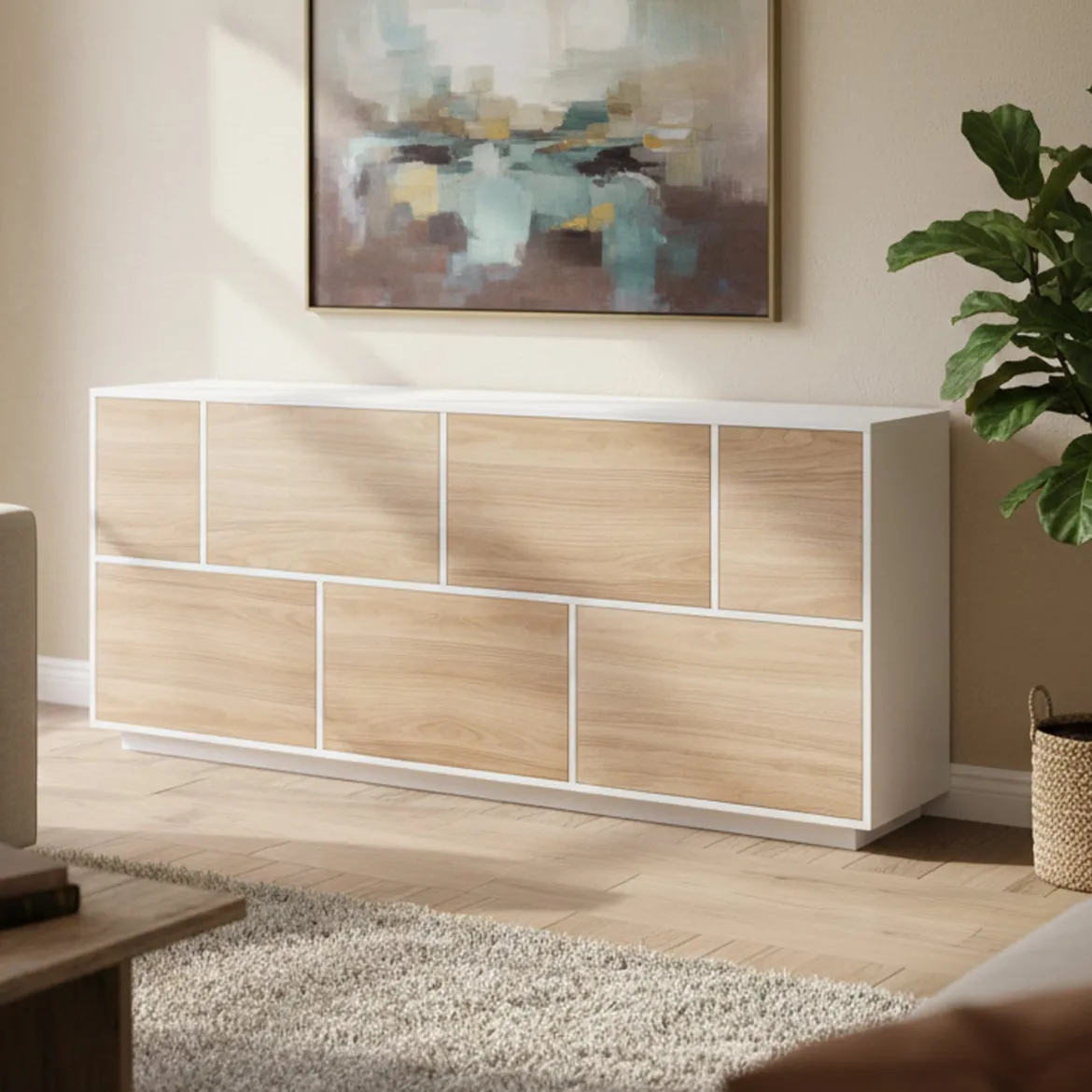 Credenza bianco lucida e noce 220x41x86h cm 4 ante e 3 cassetti - Arrachis