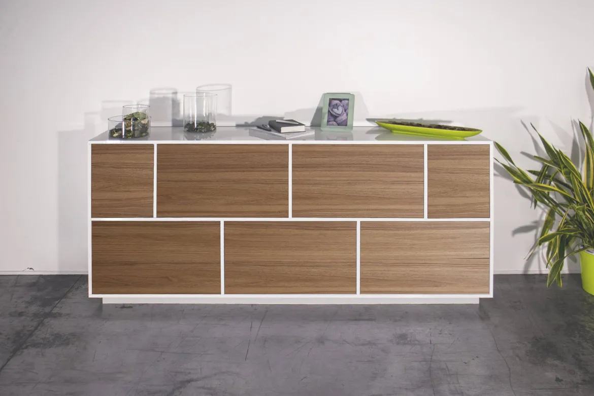 Credenza bianco lucida e noce 220x41x86h cm 4 ante e 3 cassetti - Arrachis