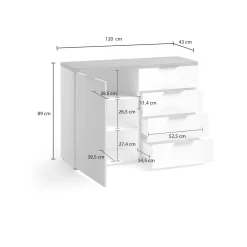 Credenza bianco lucida e rovere 120x43x89h cm 1 anta e 4 cassetti - Bagwis