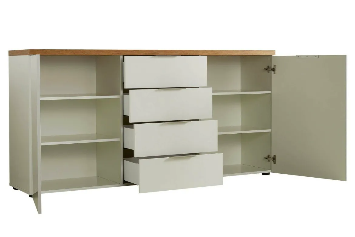 Credenza bianco lucida e rovere 180x43x89h cm 2 ante e 4 cassetti - Satriano