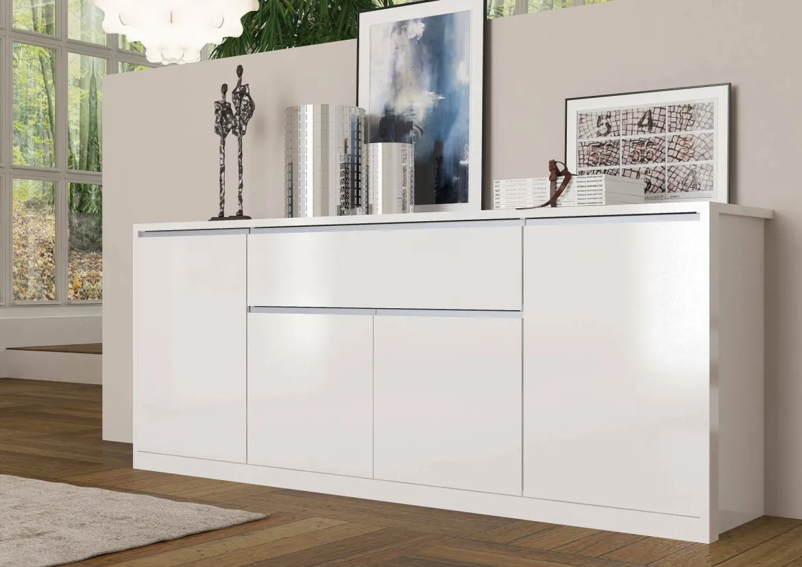 Credenza bianco lucida 210x45x85h cm 4 ante e 3 cassetti - Alchemy