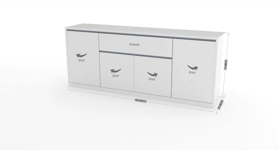 Credenza bianco lucida 210x45x85h cm 4 ante e 3 cassetti - Alchemy