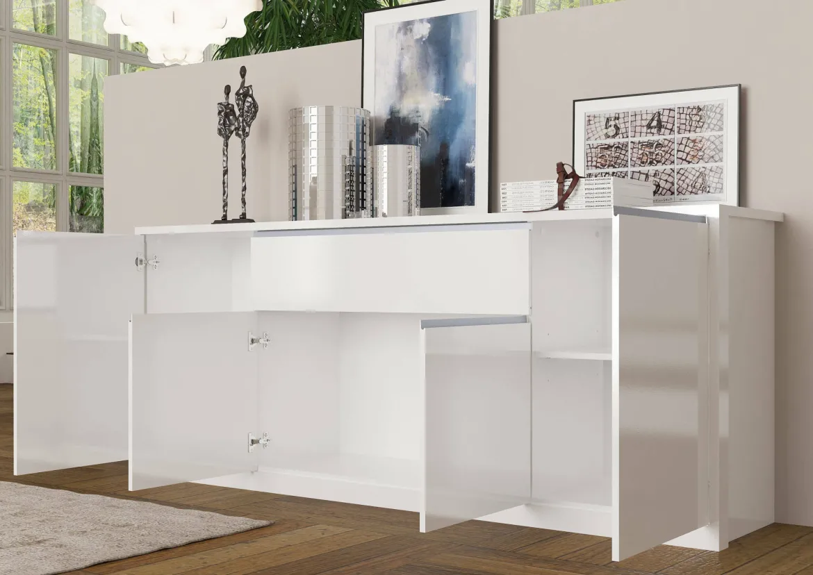 Credenza bianco lucida 210x45x85h cm 4 ante e 3 cassetti - Alchemy