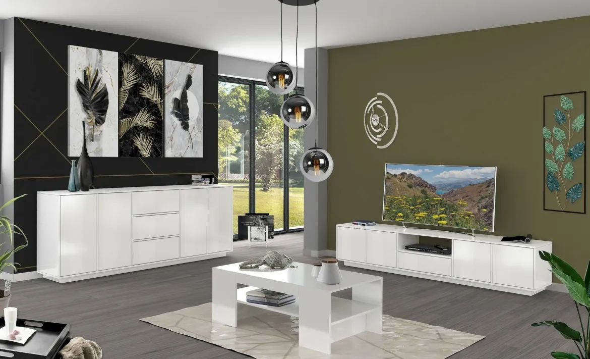 Credenza bianco lucida 220x41x86h cm 4 ante e 3 cassetti - Arrachis