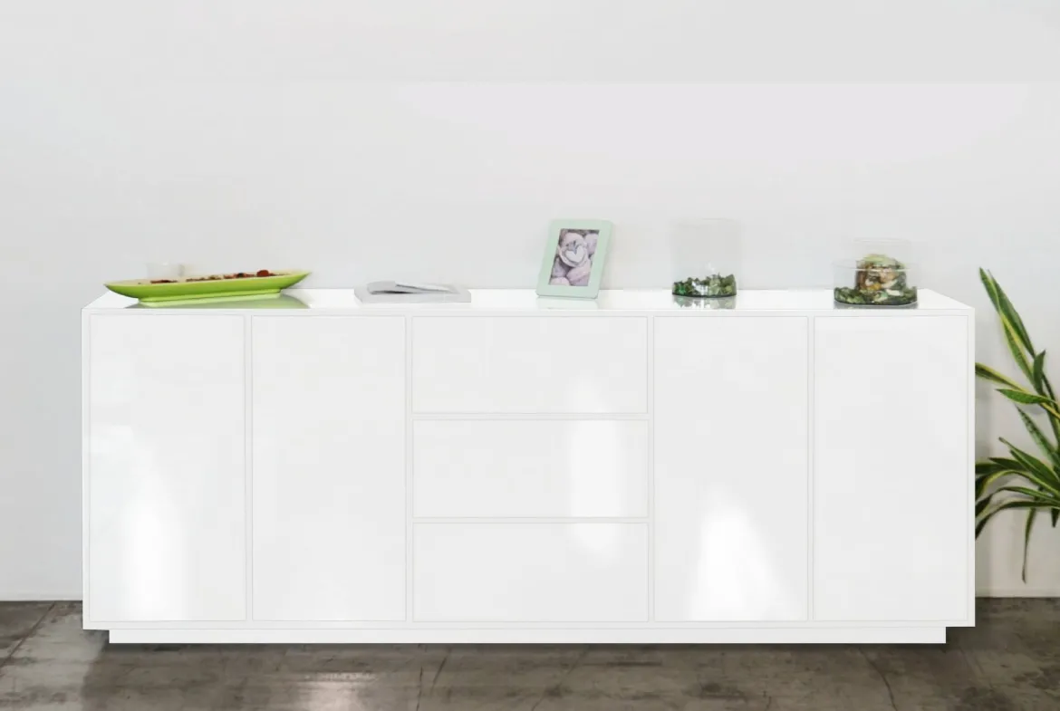 Credenza bianco lucida 220x41x86h cm 4 ante e 3 cassetti - Arrachis