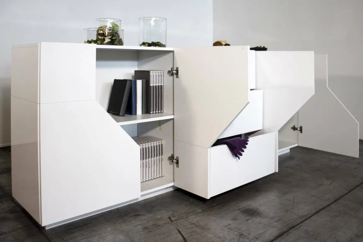 Credenza bianco lucida 220x43x86h cm 4 ante e 3 cassetti - Almira