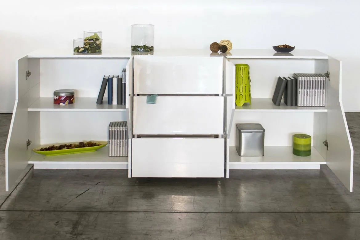 Credenza bianco lucida 220x43x86h cm 4 ante e 3 cassetti - Almira