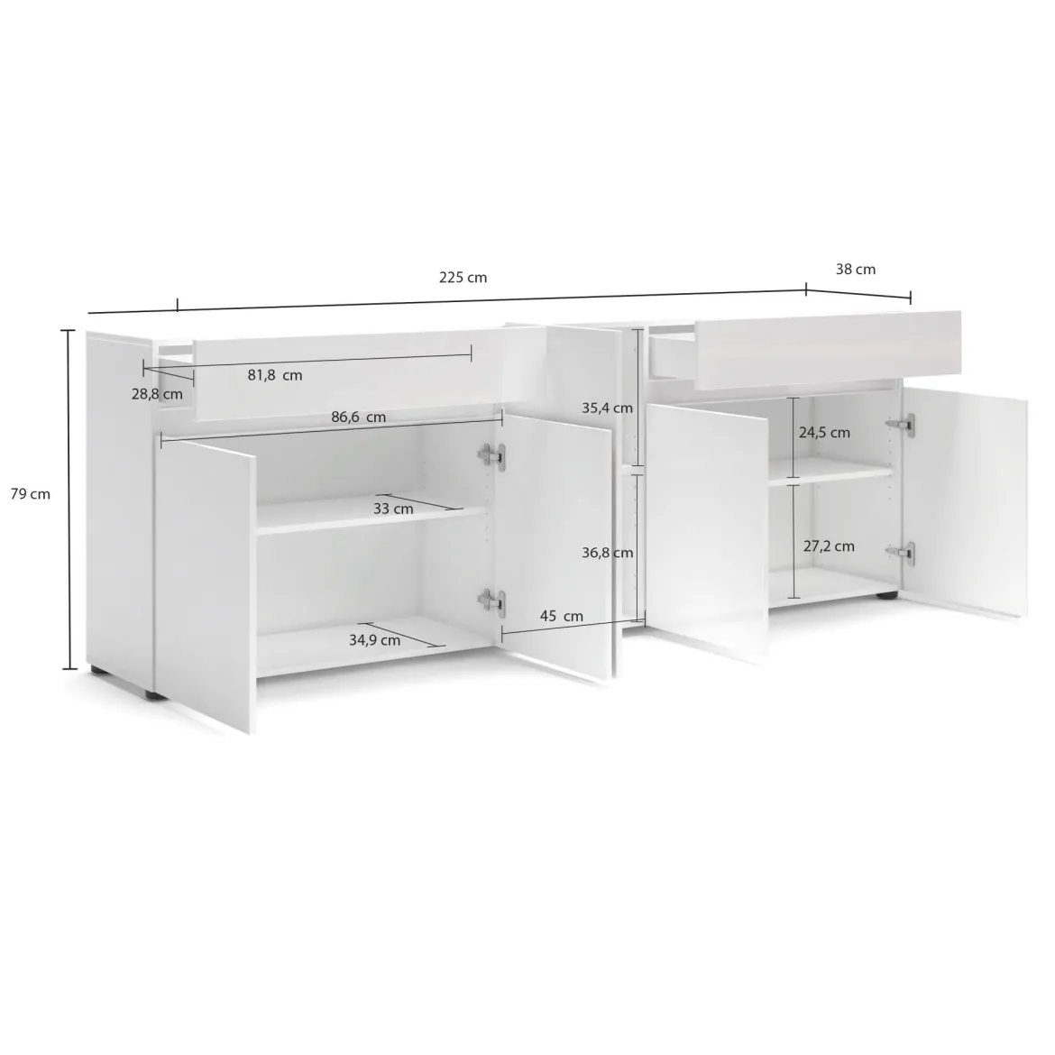 Credenza bianco lucida 225x38x79h cm 5 ante e 2 cassetti - Elenia