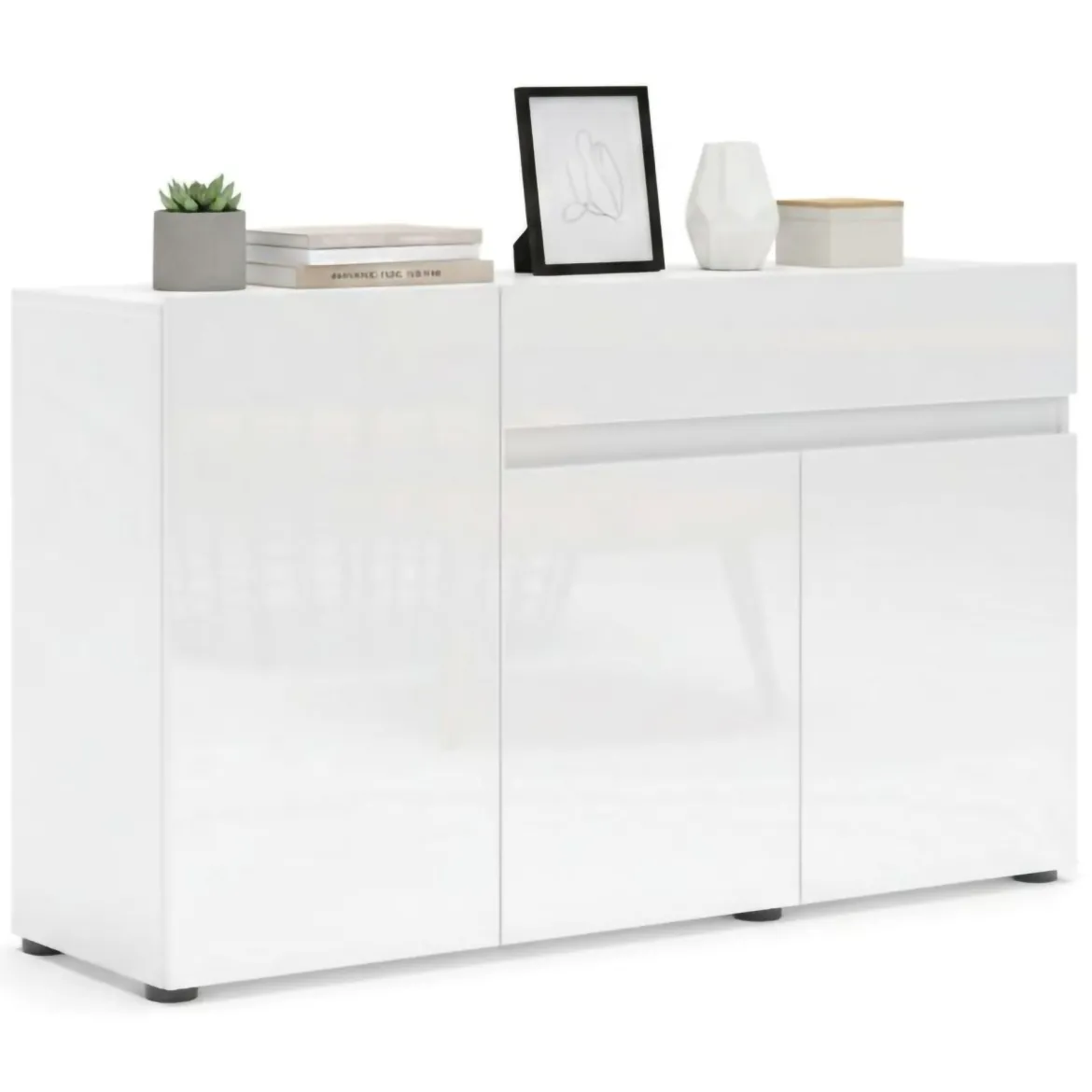 Credenza bianco lucida 140x43x86h cm 2 ante e 3 cassetti - Favonio