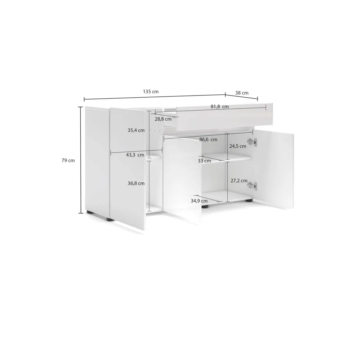 Credenza bianco lucida 140x43x86h cm 2 ante e 3 cassetti - Favonio