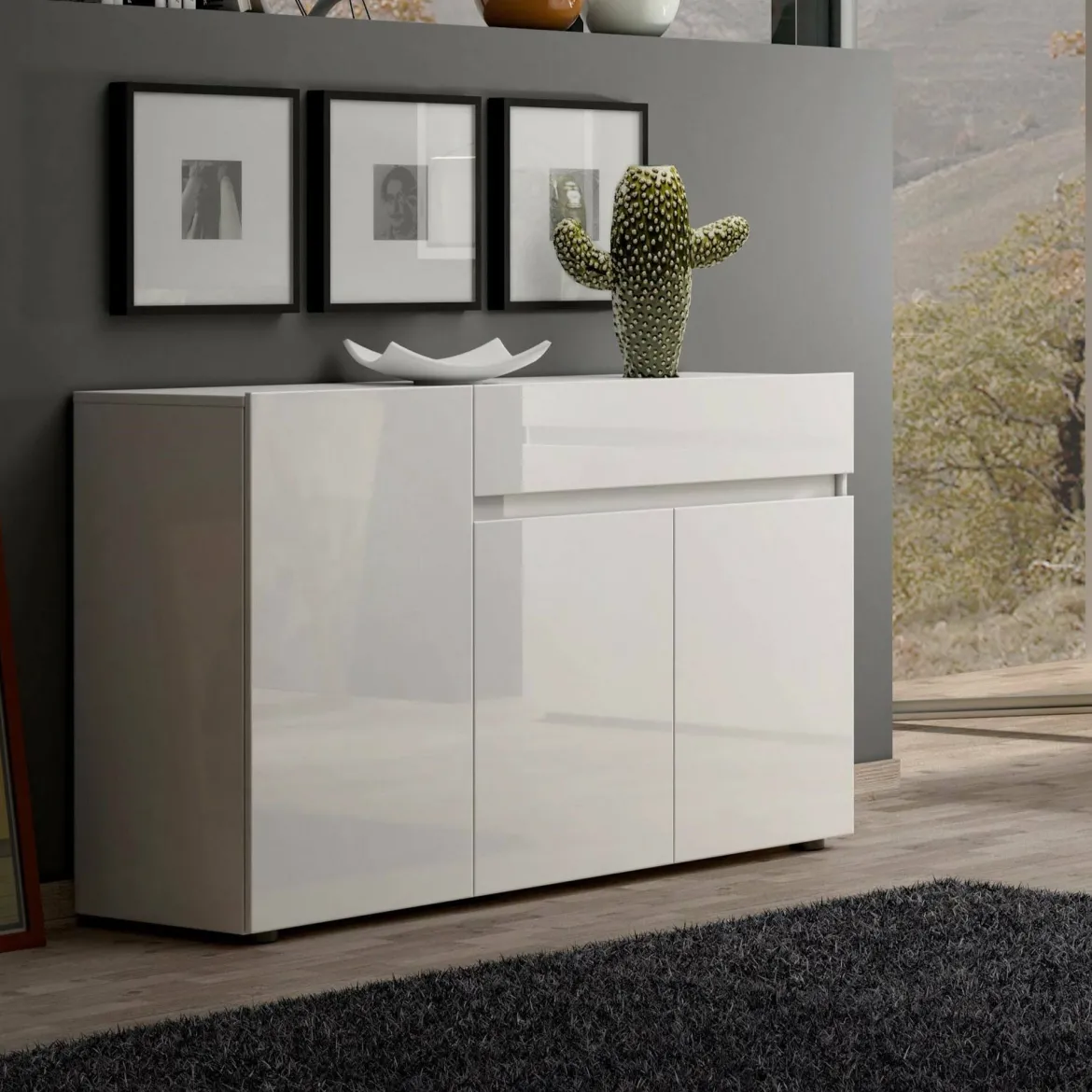 Credenza bianco lucida 140x43x86h cm 2 ante e 3 cassetti - Favonio
