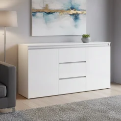 Credenza bianco lucida 150x40x81h cm 2 ante e 3 cassetti - Amoco