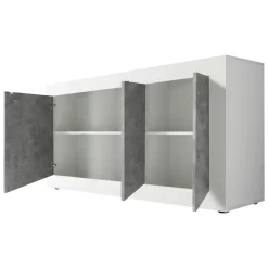 Credenza Bianco Lucido Grigio Cemento 2 Ripiani 4 Vani 160x42x85.8h cm, 3 Ante - Introbio
