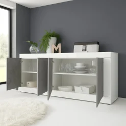 Credenza Bianco Lucido Grigio Cemento 2 Ripiani 4 Vani 207x43x86h cm, 4 Ante - Poli