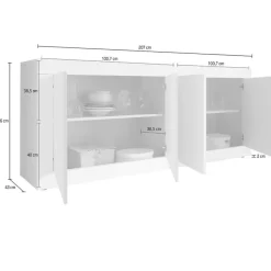 Credenza Bianco Lucido Grigio Cemento 3 Cassetti 2 Ripiani 210x42x85.8h cm, 2 Ante - Pasubio