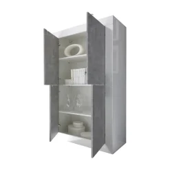 Credenza Bianco Lucido Grigio Cemento 3 Ripiani 4 Vani 101.4x42x161.2h cm, 4 Ante - Sampeyre