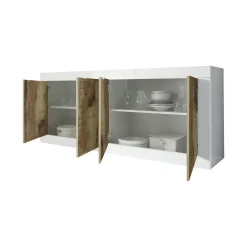 Credenza Bianco Lucido Marrone Pero 2 Ripiani 4 Ante 207x43x86h cm, 4 Vani - Poli