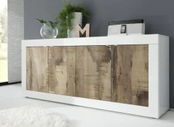Credenza Bianco Lucido Marrone Pero 2 Ripiani 4 Ante 207x43x86h cm, 4 Vani - Poli
