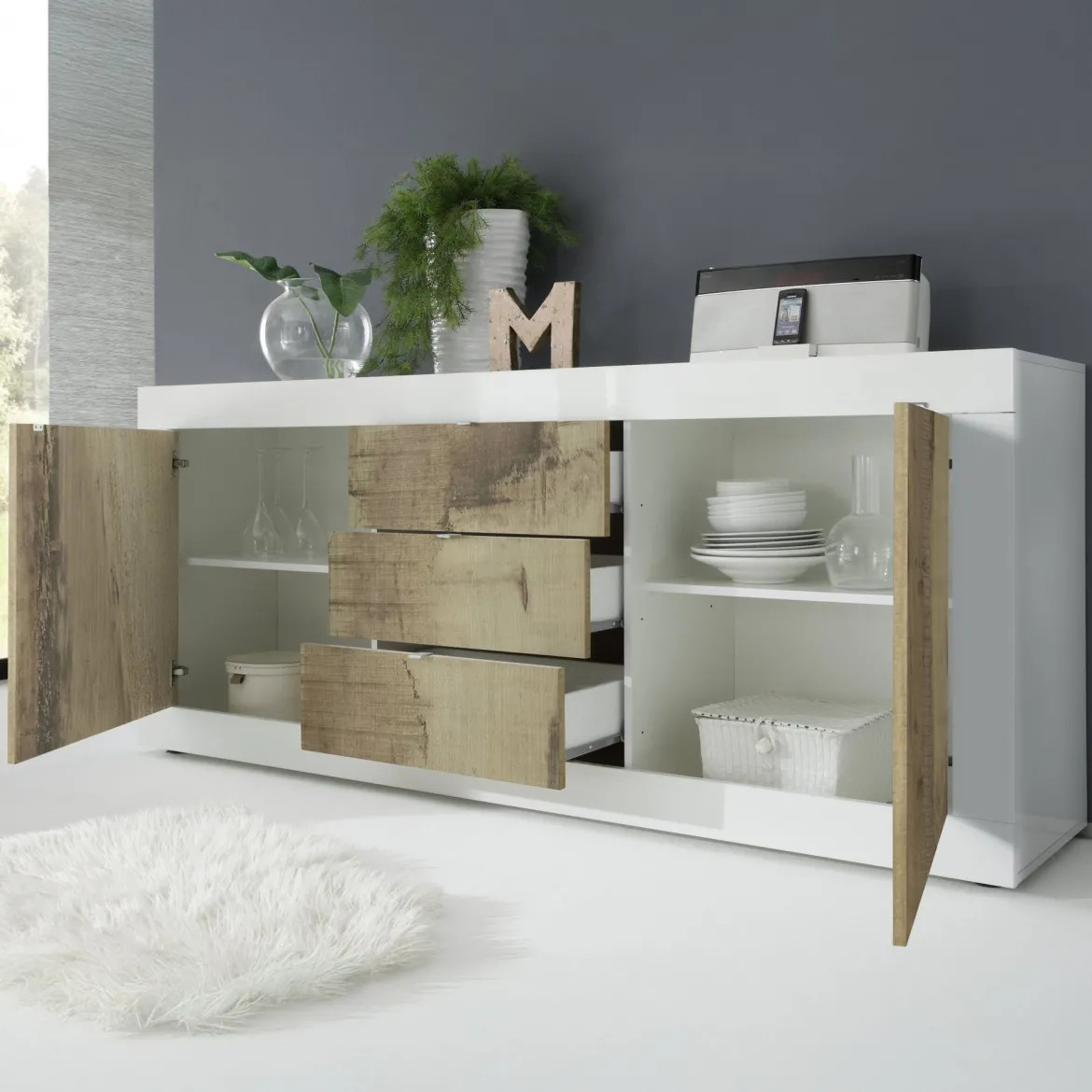 Credenza Bianco Lucido Marrone Pero 3 Ripiani 4 Ante 101.4x42x161.2h cm, 4 Vani - Sampeyre