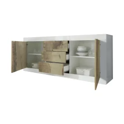 Credenza Bianco Lucido Marrone Pero 3 Cassetti 2 Ripiani 210x42x85.8h cm, 2 Ante - Pasubio