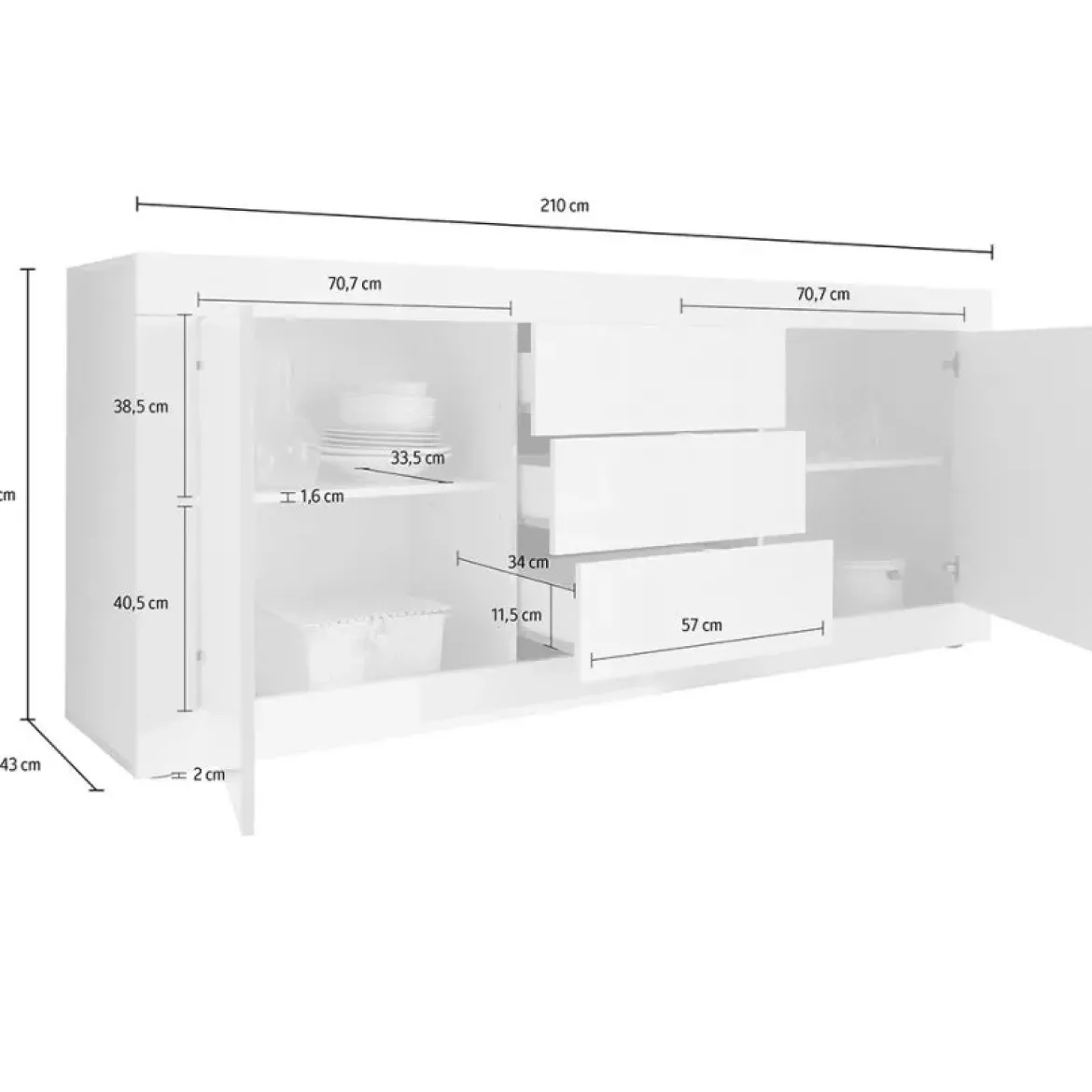 Credenza Bianco Lucido Marrone Pero 3 Ripiani 4 Ante 101.4x42x161.2h cm, 4 Vani - Sampeyre