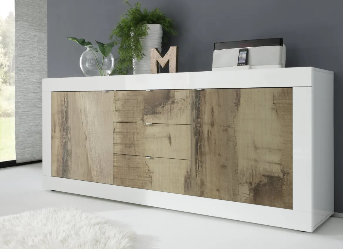 Credenza Bianco Lucido Marrone Pero 3 Ripiani 4 Ante 101.4x42x161.2h cm, 4 Vani - Sampeyre