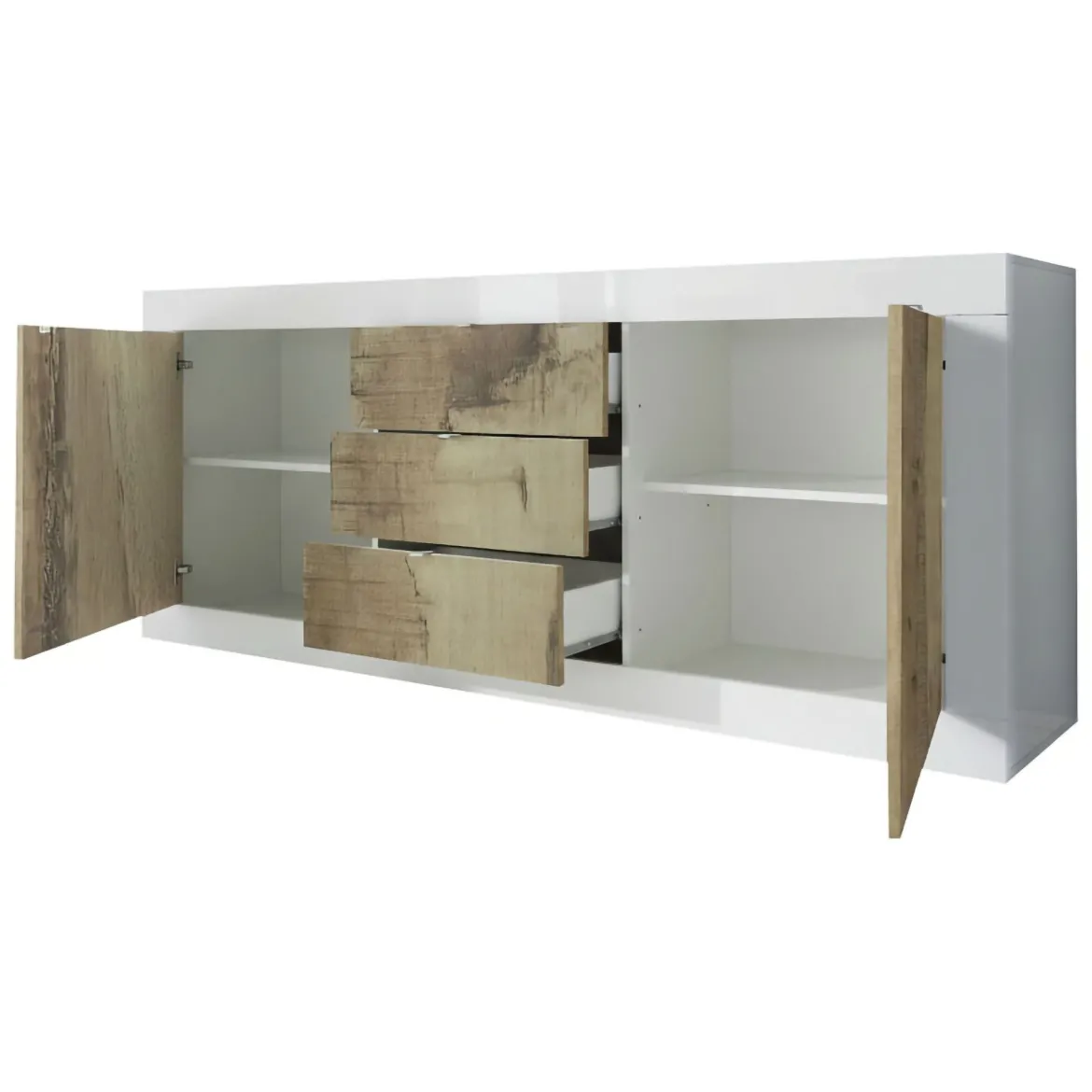 Credenza Bianco Lucido Marrone Pero 3 Ripiani 4 Ante 101.4x42x161.2h cm, 4 Vani - Sampeyre