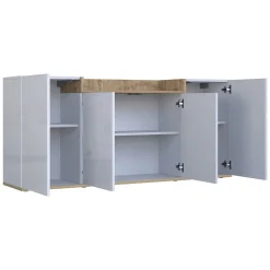 Credenza Bianco Lucido Marrone Rovere 6 Ripiani Apertura Battente 160x35x70h cm, 4 Ante Made in Italy - Swink