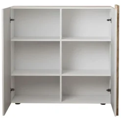 Credenza Bianco Lucido Marrone Rovere 6 Ripiani Apertura Battente 160x35x70h cm, 4 Ante Made in Italy - Swink